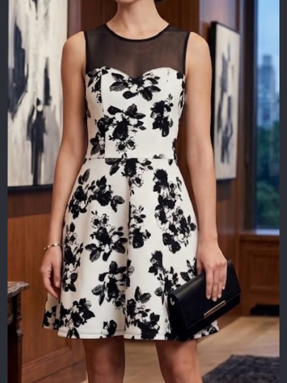 Sleeveless Black & White Floral Fit-and-Flare Dress